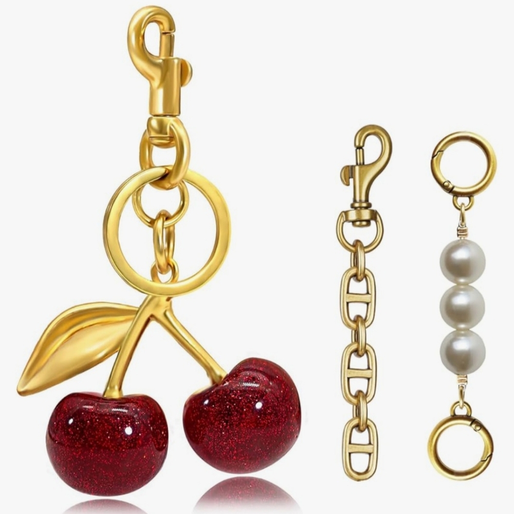 NIB Red Cherry, gold keychain/bag charm w/ extenders